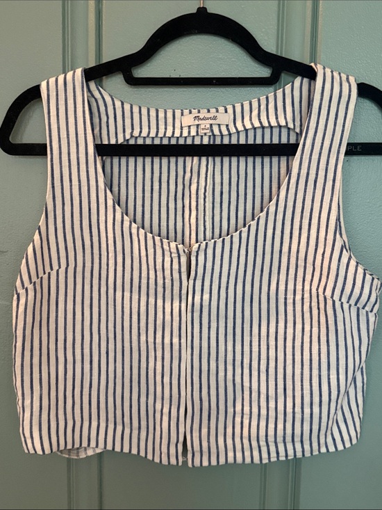 Madewell Tops - Madewell White and Navy Blue Striped Linen Crop Top